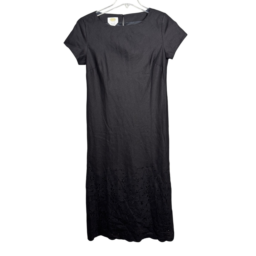 Talbots Dress Black Irish Linen Floral Embroidered Maxi Minimalist Size 8 Petite